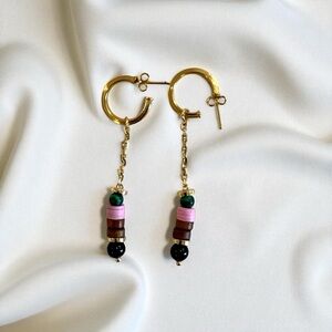Gold Drop Earrings – Mixed Beads, Pink & Green Accents